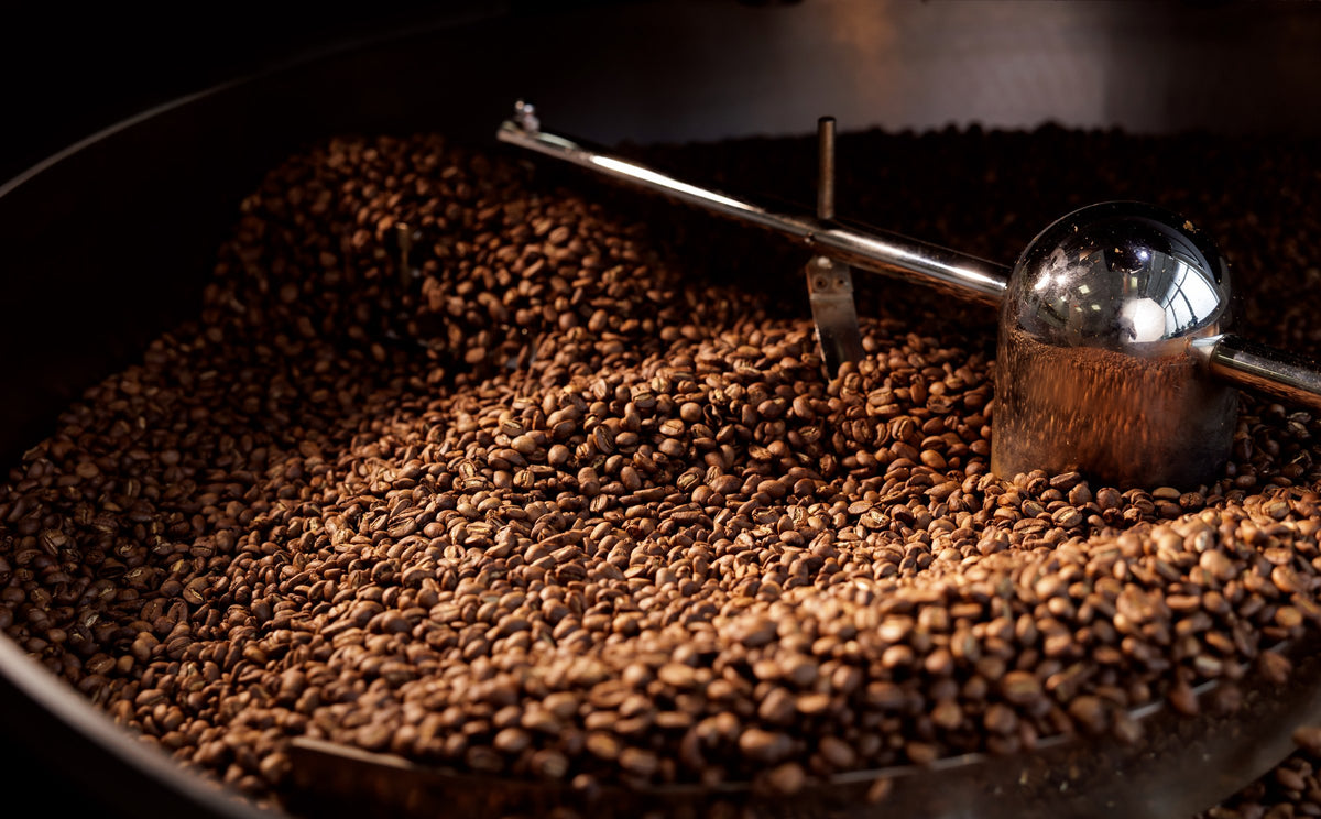 Coffee beans in a small-batch roasting drum